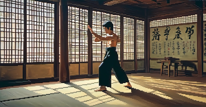 A young Bruce Lee practicing martial arts in a traditional dojo, showcasing his determination and skill.