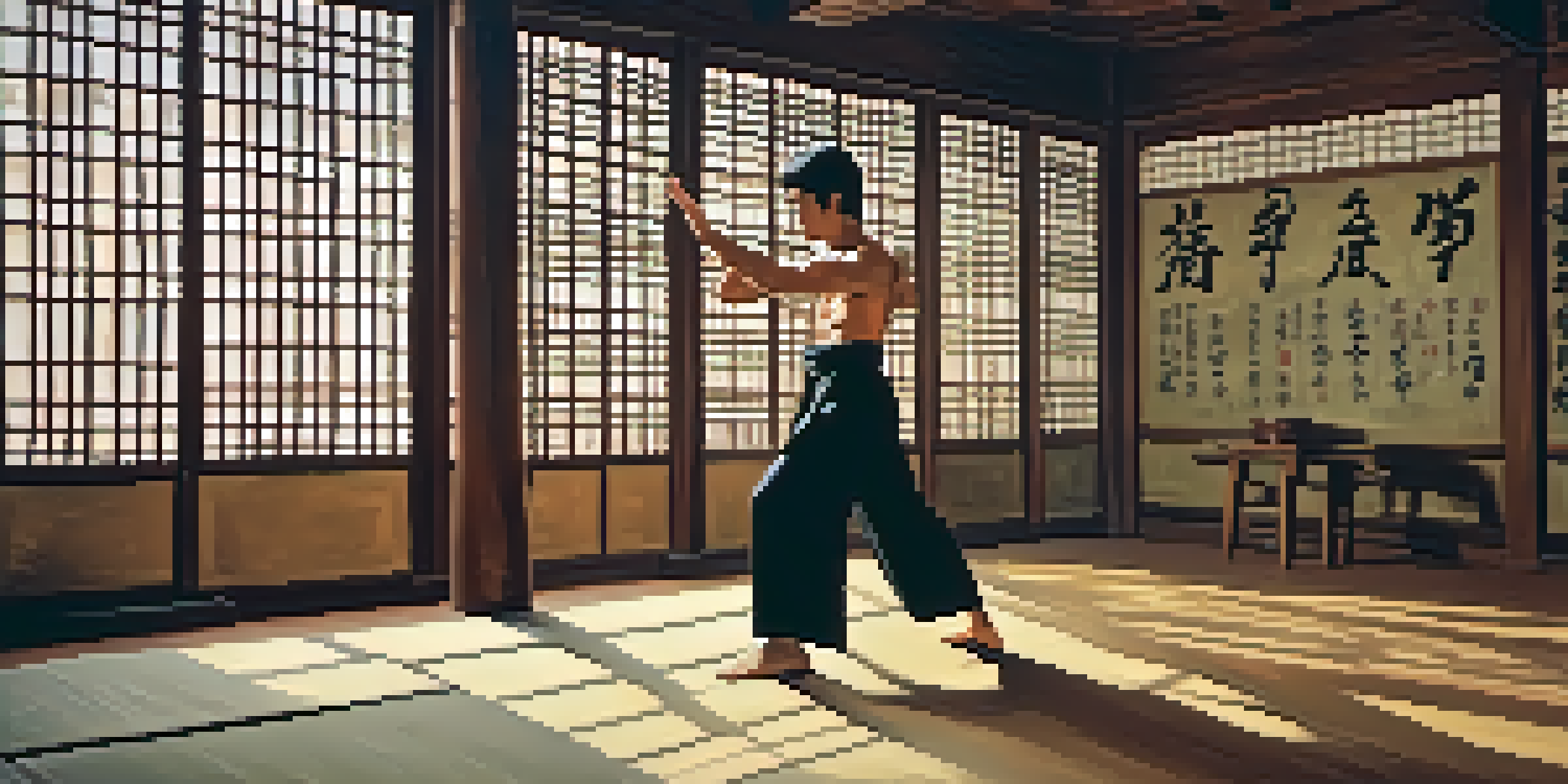 A young Bruce Lee practicing martial arts in a traditional dojo, showcasing his determination and skill.