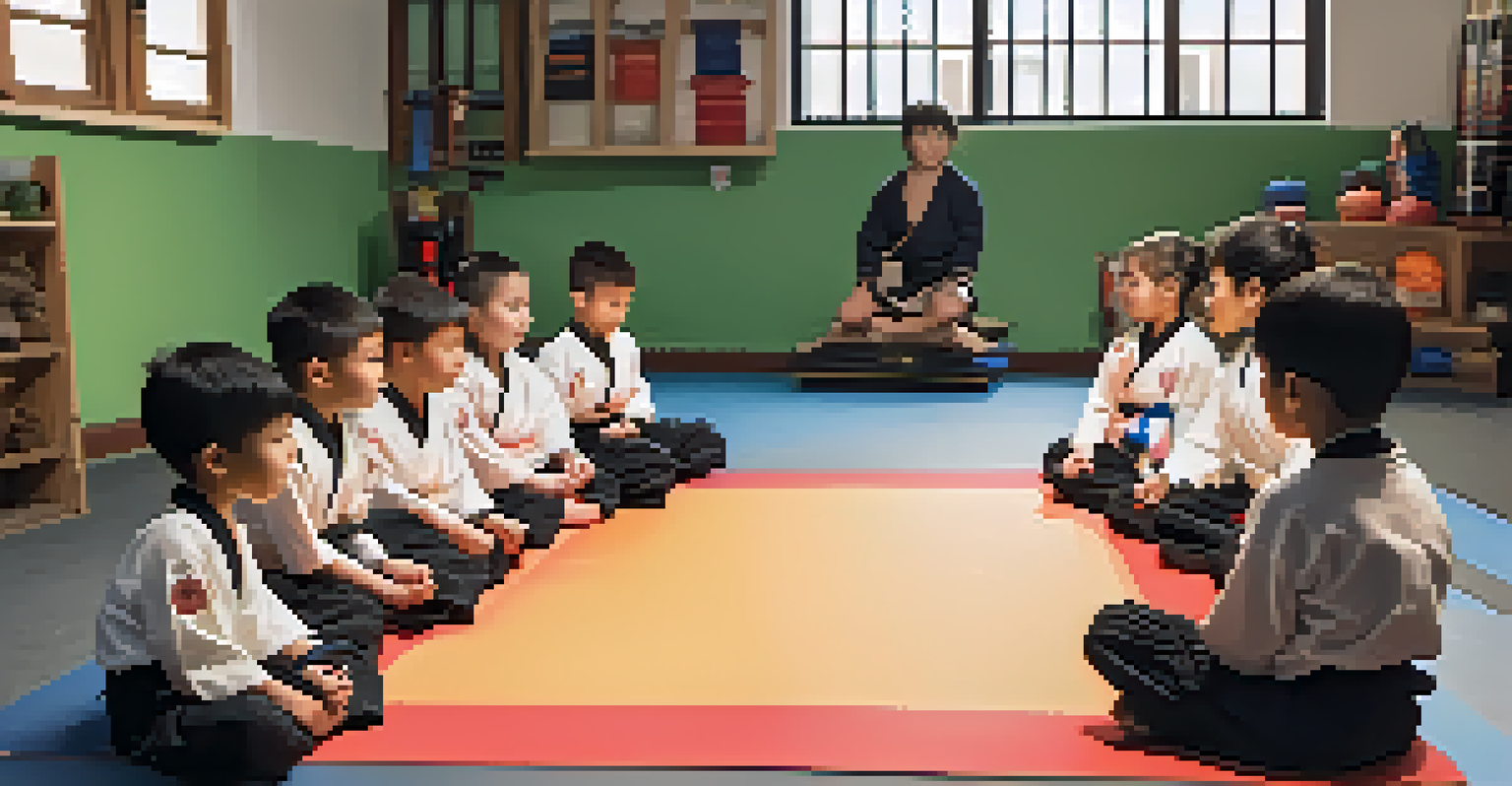 A group of children in a martial arts class sitting in a circle, engaged in a discussion with their instructor.