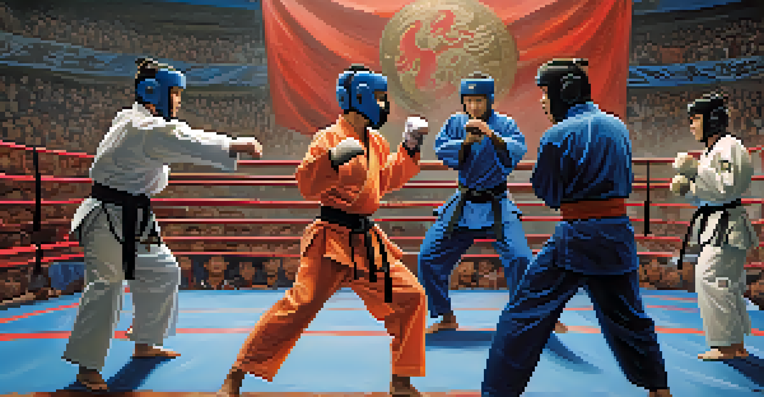 A diverse group of fighters in modern safety gear competing in a brightly lit arena with colorful banners.