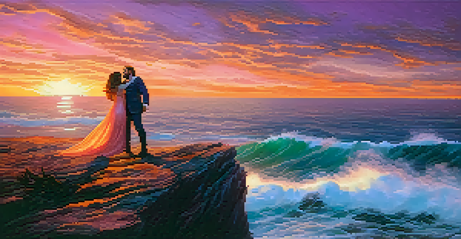 A hero and villain confront each other on a dramatic cliff at sunset, with a colorful sky and crashing waves below creating an intense atmosphere.