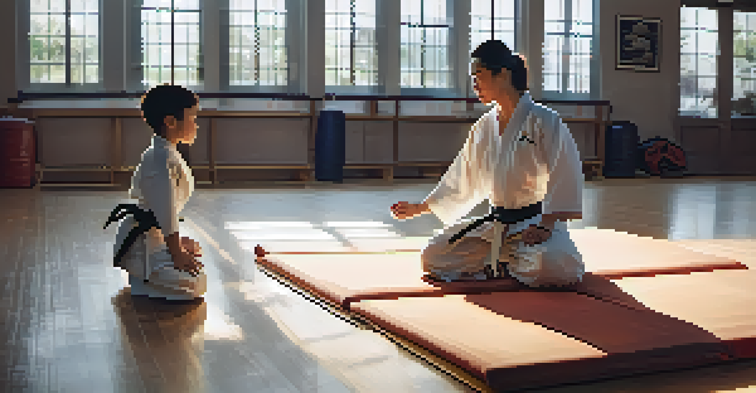 A martial arts coach giving feedback to an athlete on the training mat.