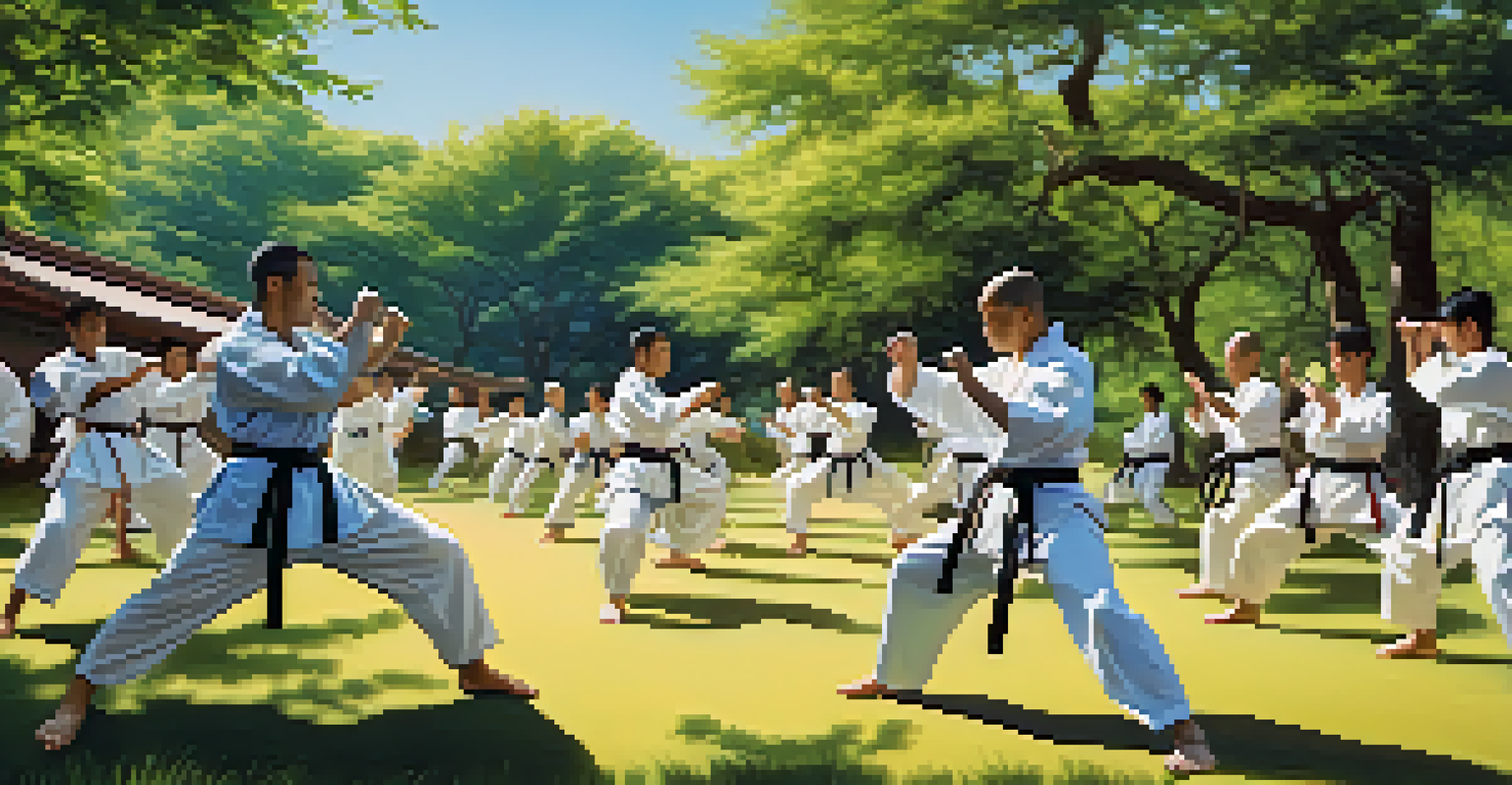 A diverse group of martial artists training outdoors with dynamic movements and a sunny backdrop.