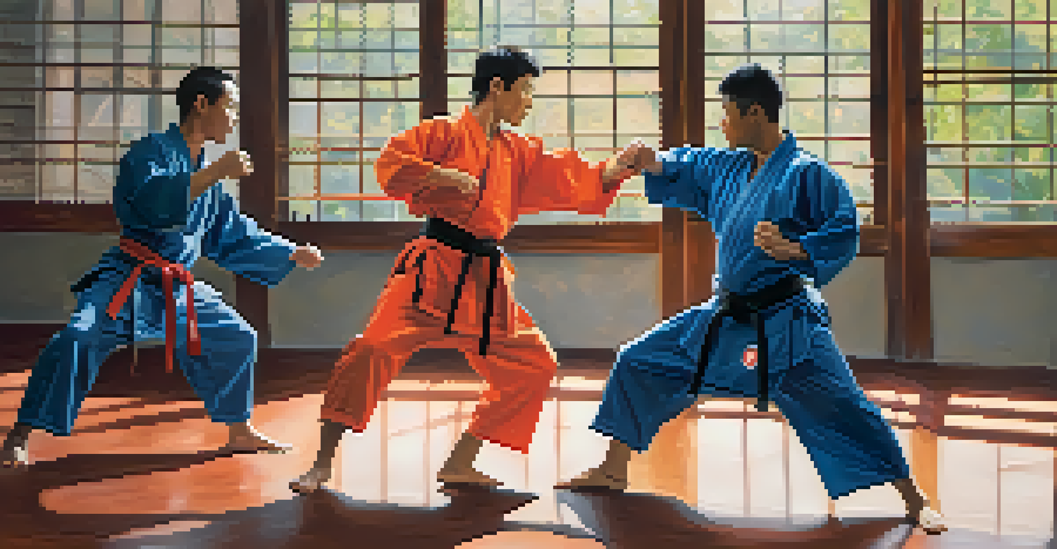Martial artists in colorful uniforms sparring as a team, demonstrating cooperation and dynamic movement in a studio.