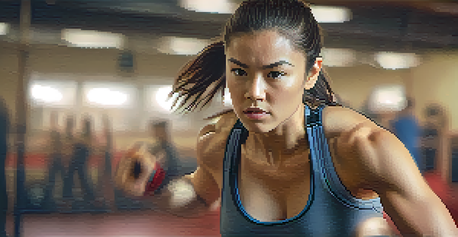 A woman practicing a self-defense move, showcasing strength and confidence in a gym setting.
