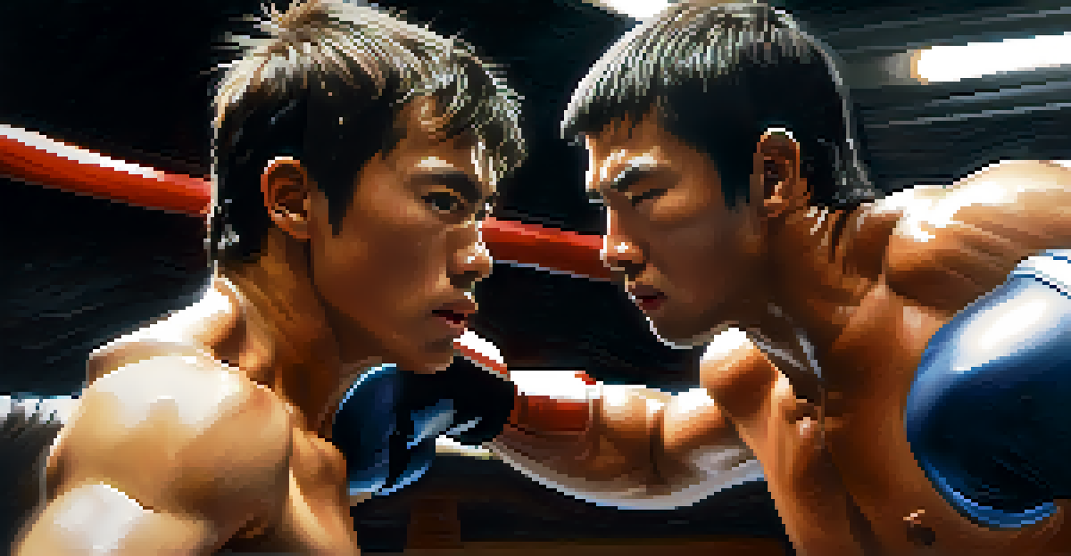 A martial artist intensely focused during a sparring match, with sweat and determination visible on their face against a blurred opponent.