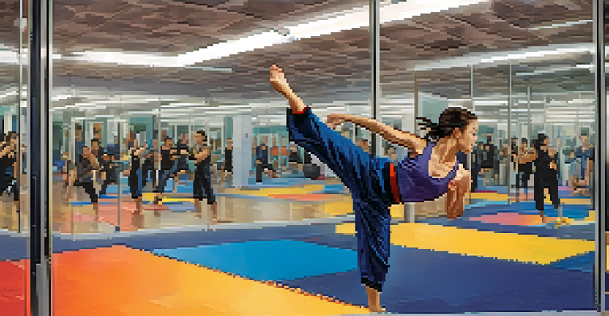 A martial artist performing a dynamic high kick in a modern gym, showcasing strength and focus.