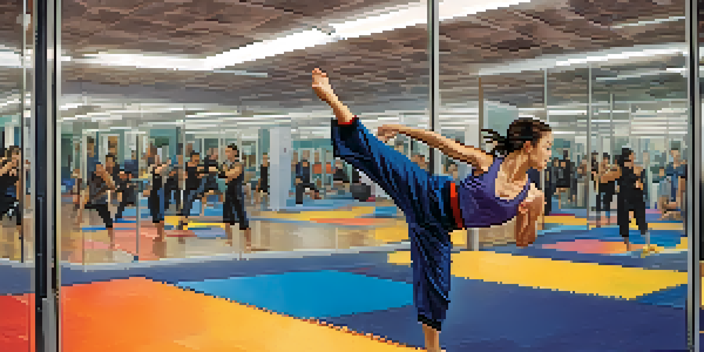 A martial artist performing a dynamic high kick in a modern gym, showcasing strength and focus.