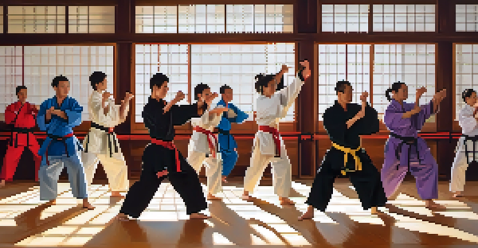 A diverse group of martial arts students practicing in a dojo, showing unity and focus amidst bright sunlight and polished wooden floors.