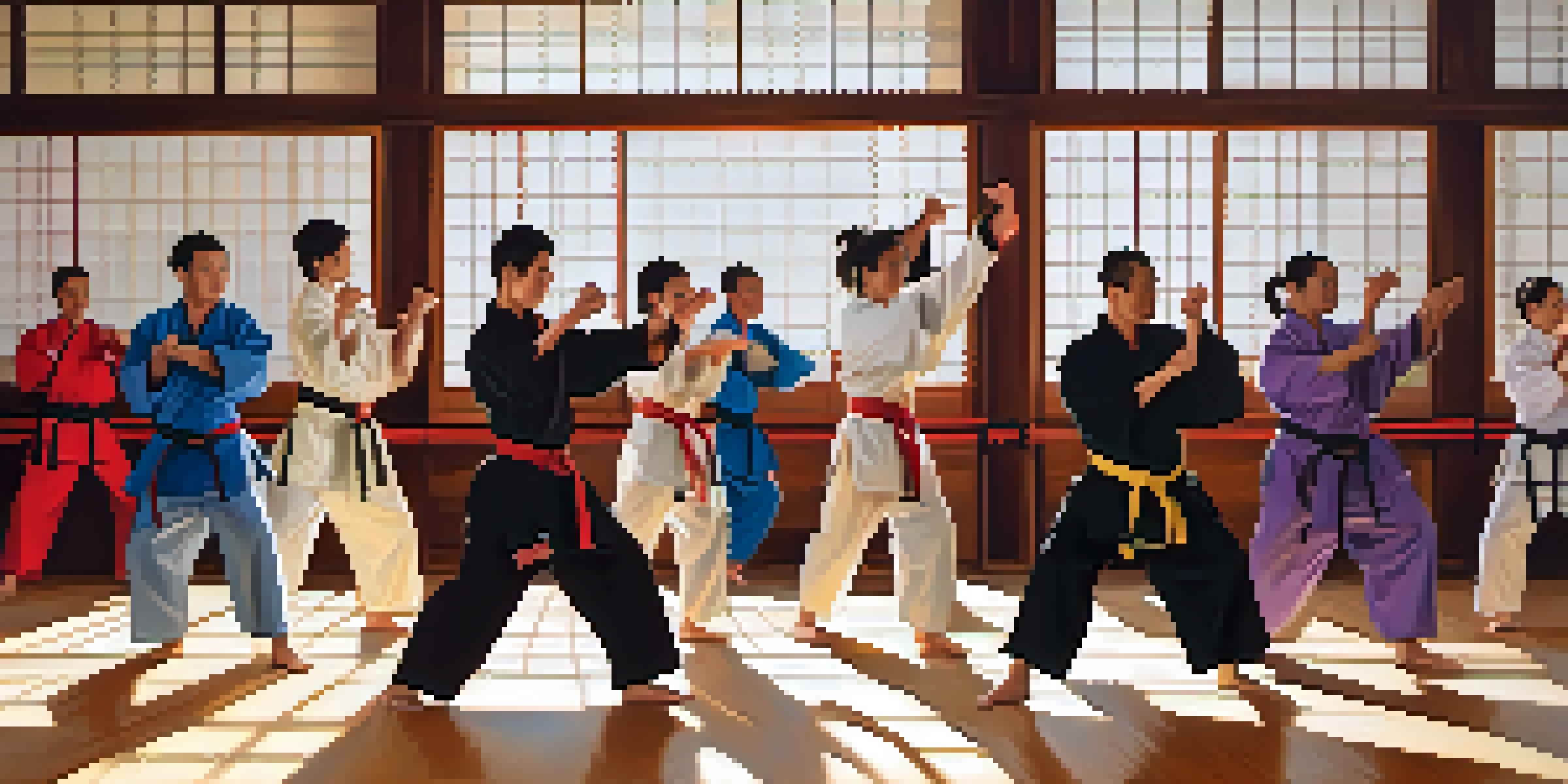 A diverse group of martial arts students practicing in a dojo, showing unity and focus amidst bright sunlight and polished wooden floors.