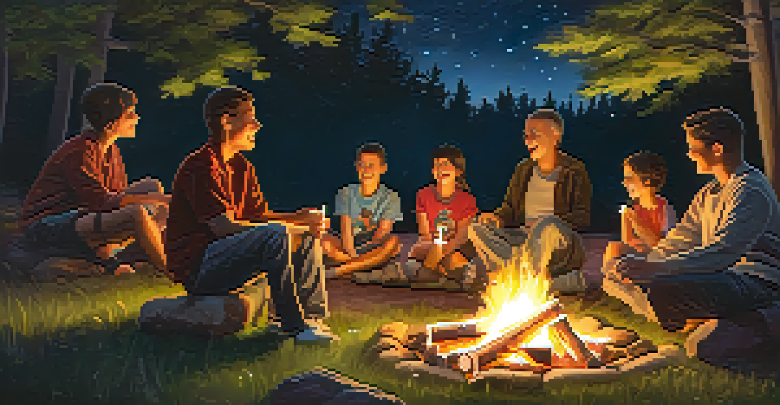 Families sitting around a bonfire at a martial arts camp, sharing stories and roasting marshmallows under a starry sky.