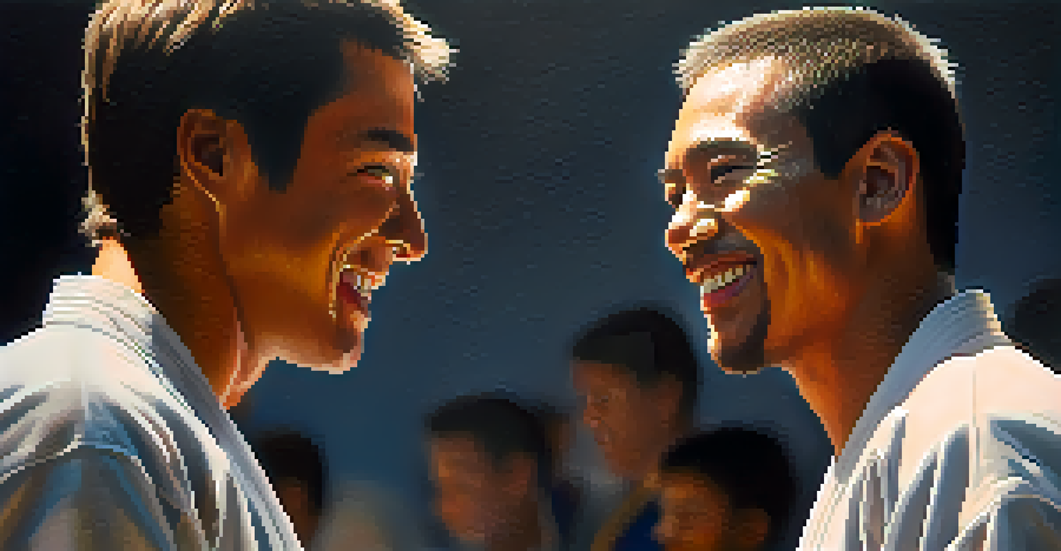 Close-up of two martial artists smiling and discussing techniques after a drill, with a blurred background.