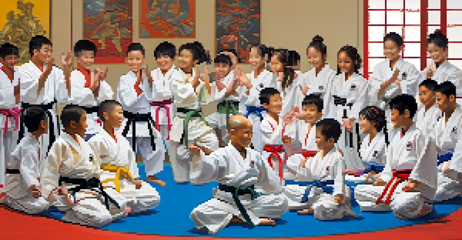 A group of martial arts students celebrating a teammate's achievement in a dojo, showcasing camaraderie and joy.