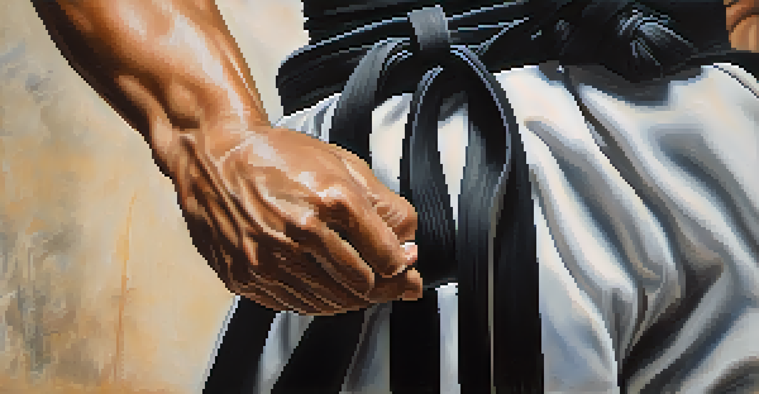 A close-up of hands tying a black belt, symbolizing respect and dedication in martial arts, with a blurred background.