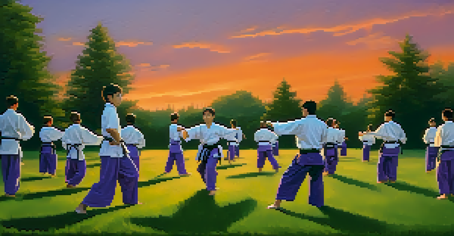 A young instructor leading an outdoor martial arts class at sunset, with students exercising on a grassy field.