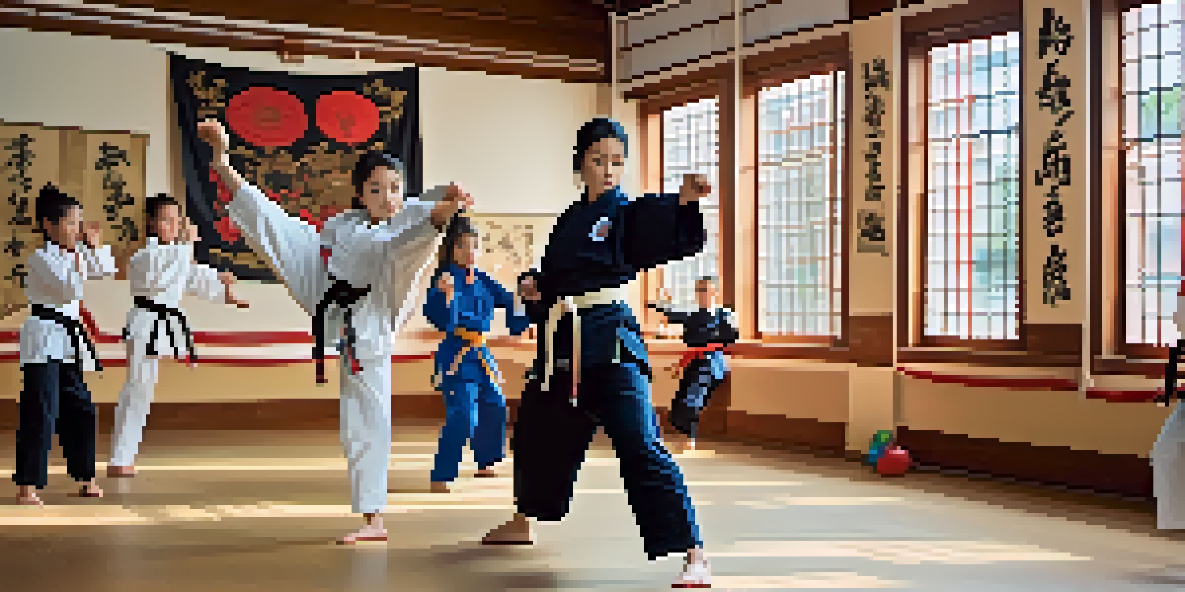 A female martial arts coach demonstrating a high kick in a dojo, with young female students practicing around her, illuminated by natural light.