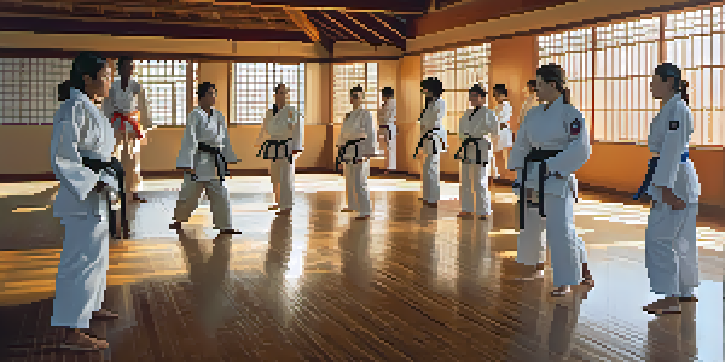 A group of diverse women practicing martial arts in a sunlit dojo, showcasing various techniques.
