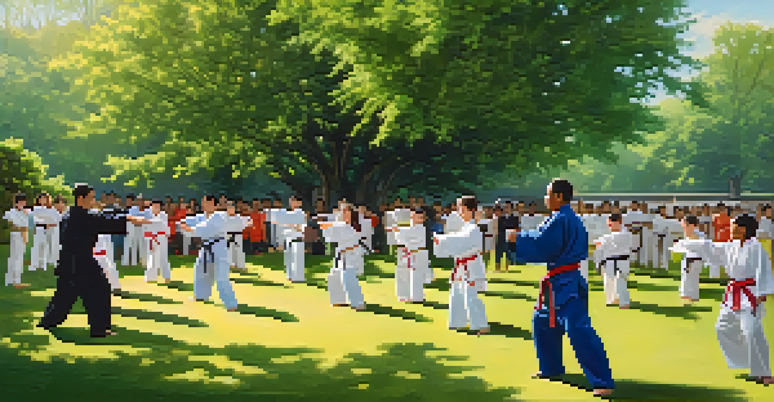 Families practicing self-defense techniques in a park, with parents guiding children.