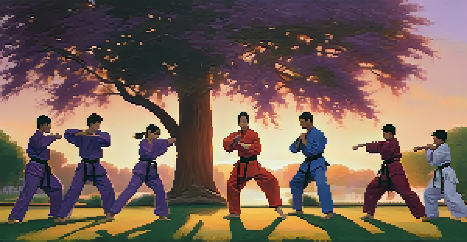 A family practicing martial arts in a park at sunset, surrounded by a colorful sky and lush green grass.