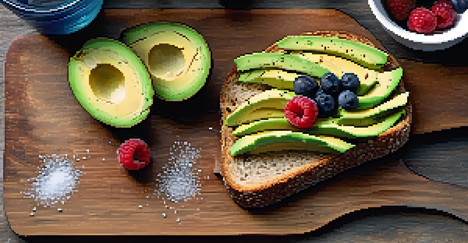 Whole grain toast with avocado on a wooden board, with berries and a glass of water in the background.