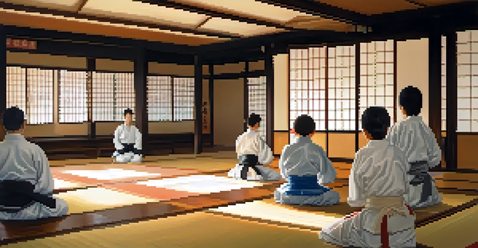 A peaceful dojo with young martial artists practicing techniques together, highlighting their focus and discipline.