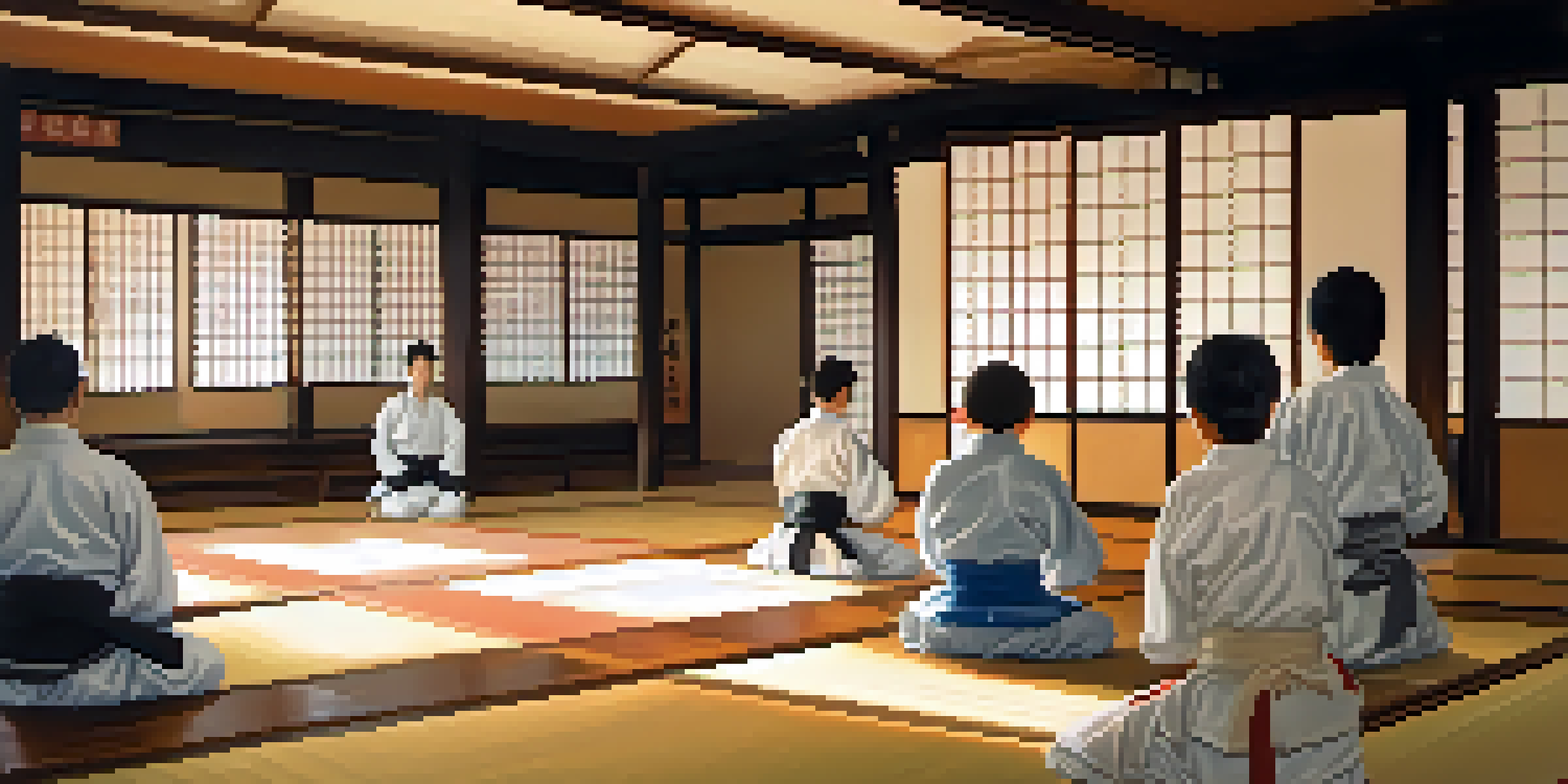A peaceful dojo with young martial artists practicing techniques together, highlighting their focus and discipline.