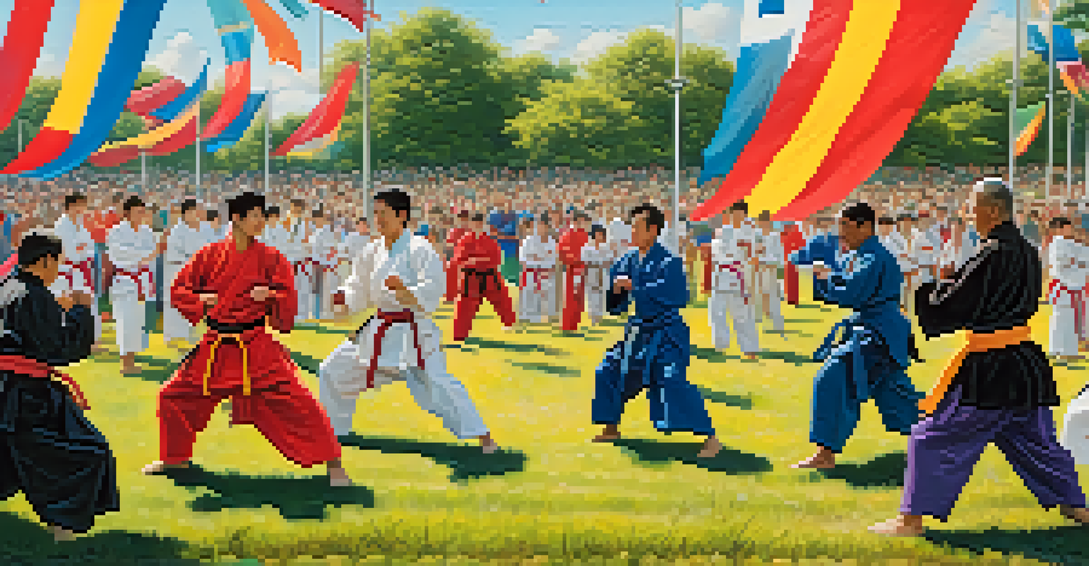 A community martial arts event with practitioners demonstrating various styles to an enthusiastic audience.