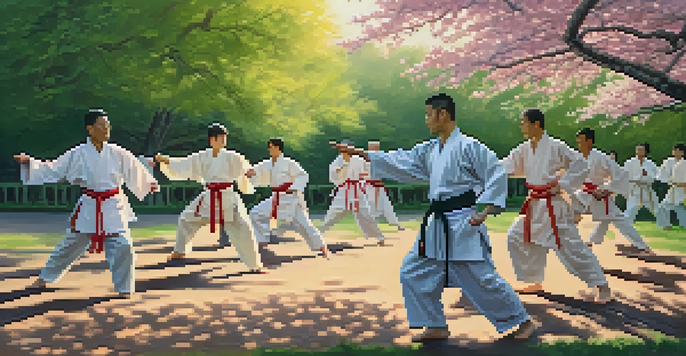 A group of diverse individuals practicing Tai Chi in a park at sunrise, surrounded by cherry blossom trees.