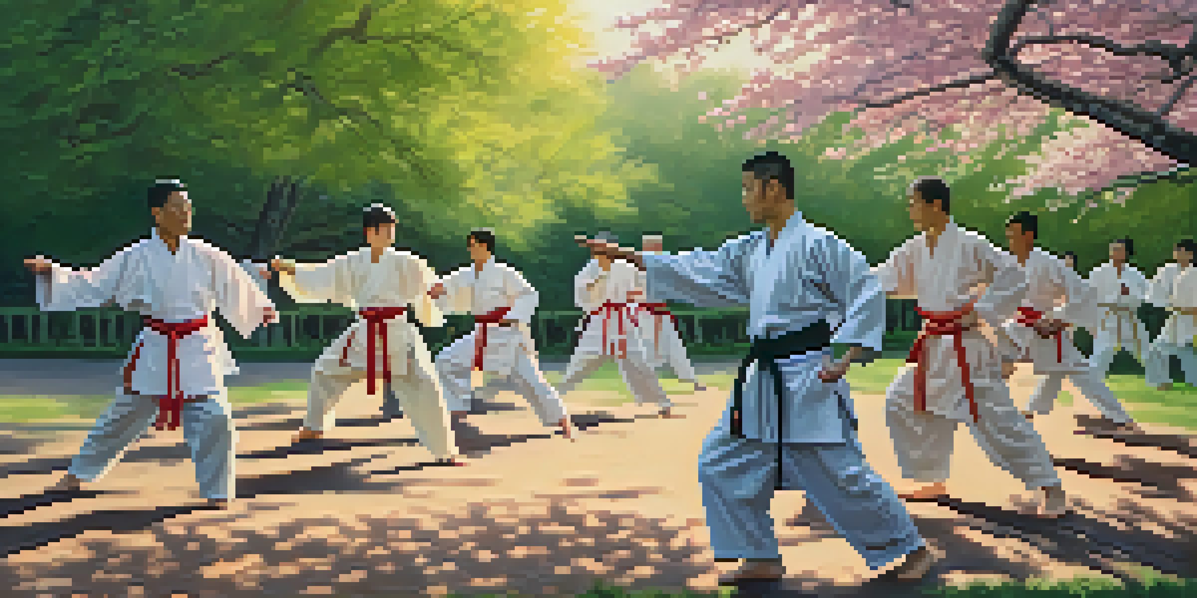 A group of diverse individuals practicing Tai Chi in a park at sunrise, surrounded by cherry blossom trees.