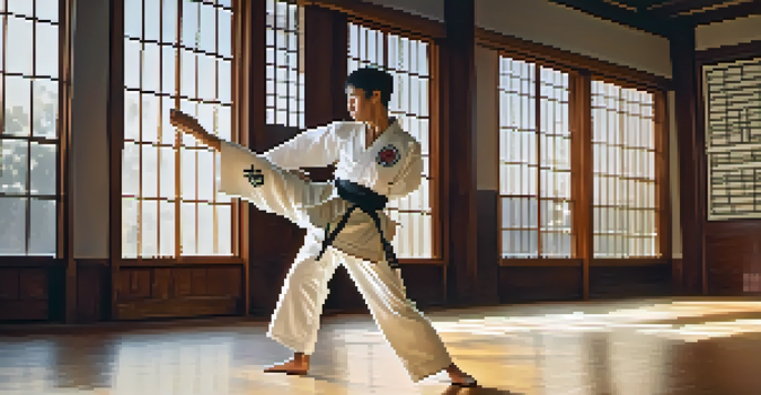A martial artist executing a roundhouse kick in a peaceful dojo with sunlight streaming through the windows.