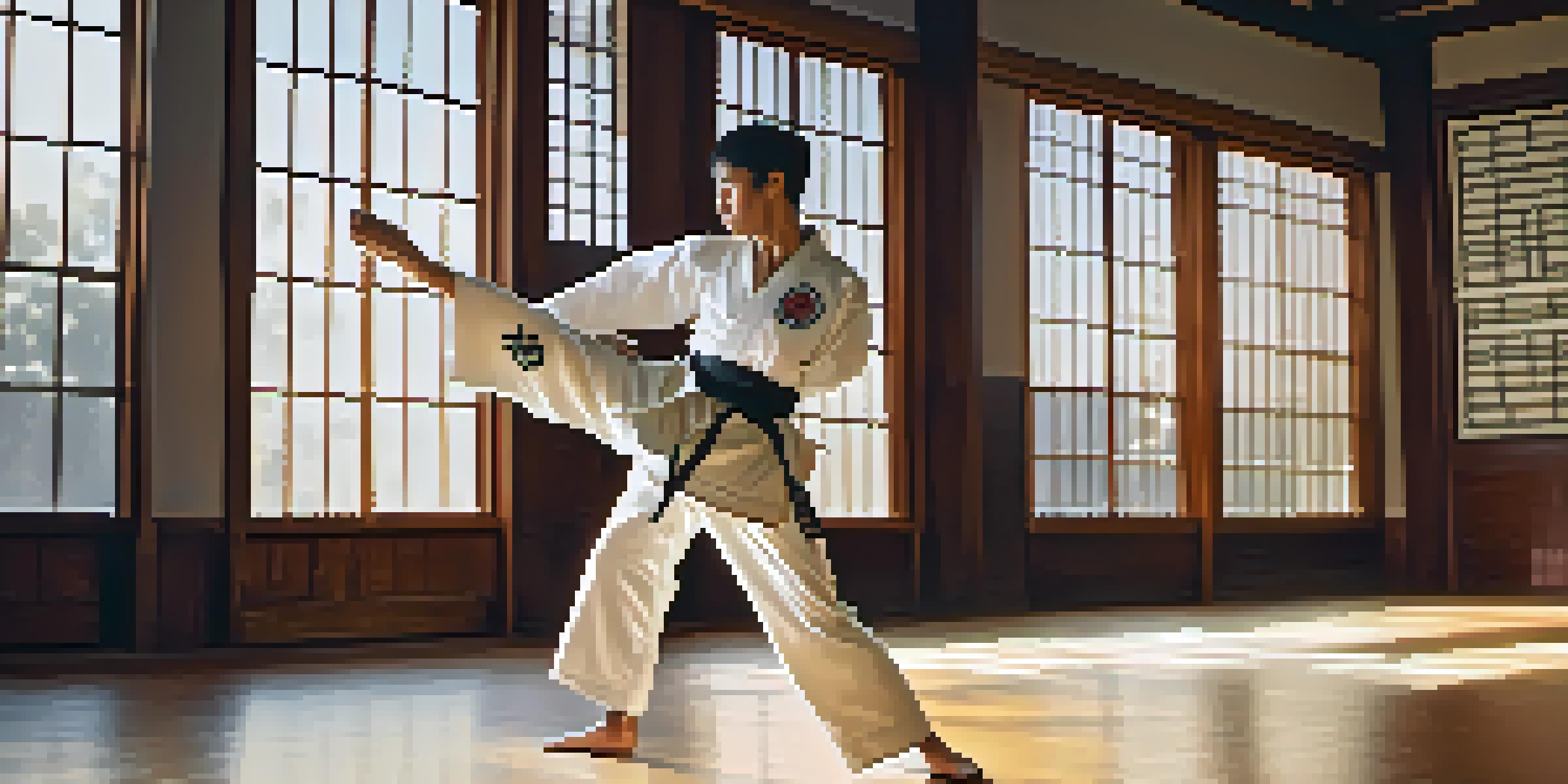 A martial artist executing a roundhouse kick in a peaceful dojo with sunlight streaming through the windows.