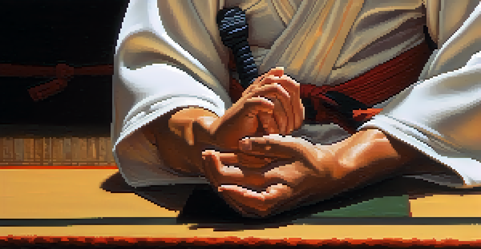A close-up of a martial artist's hands in a meditative pose, set in a dojo.