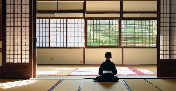 A young martial artist practicing a kata in a serene dojo with wooden floors and soft natural light.