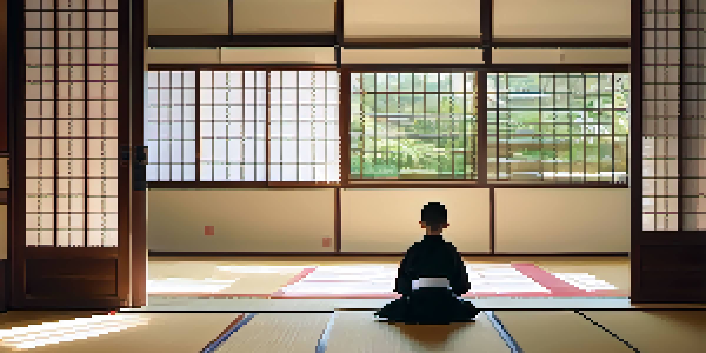 A young martial artist practicing a kata in a serene dojo with wooden floors and soft natural light.
