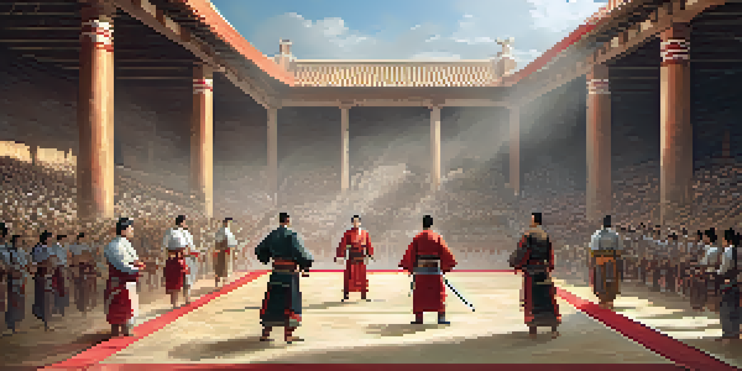 A traditional martial arts tournament in an ancient arena, featuring two fighters in a duel with spectators in the background.