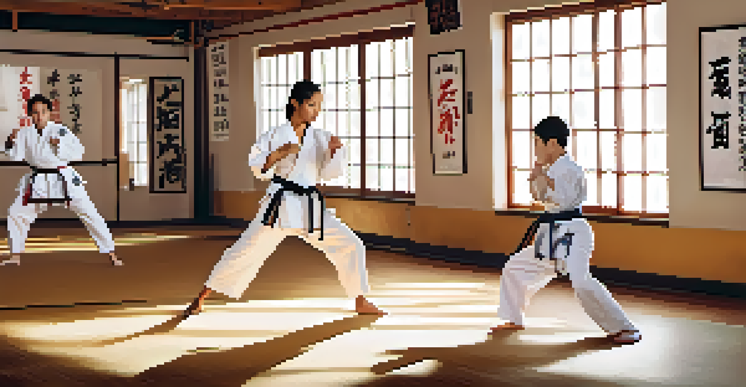 A diverse group practicing karate in a well-lit martial arts studio, with mats and motivational posters surrounding them.