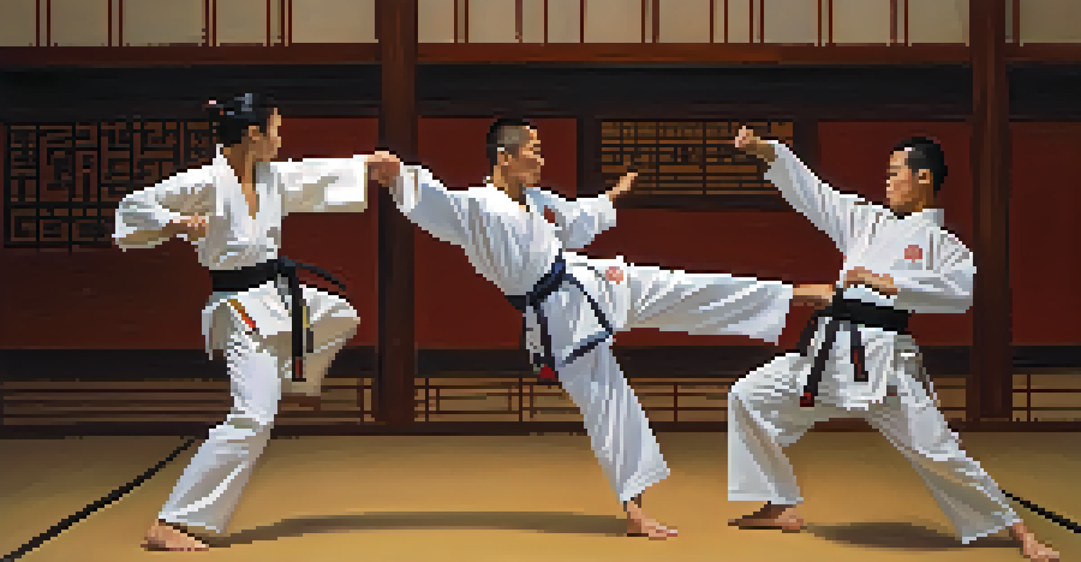 Close-up of two martial arts practitioners performing a synchronized move, illustrating focus and communication.