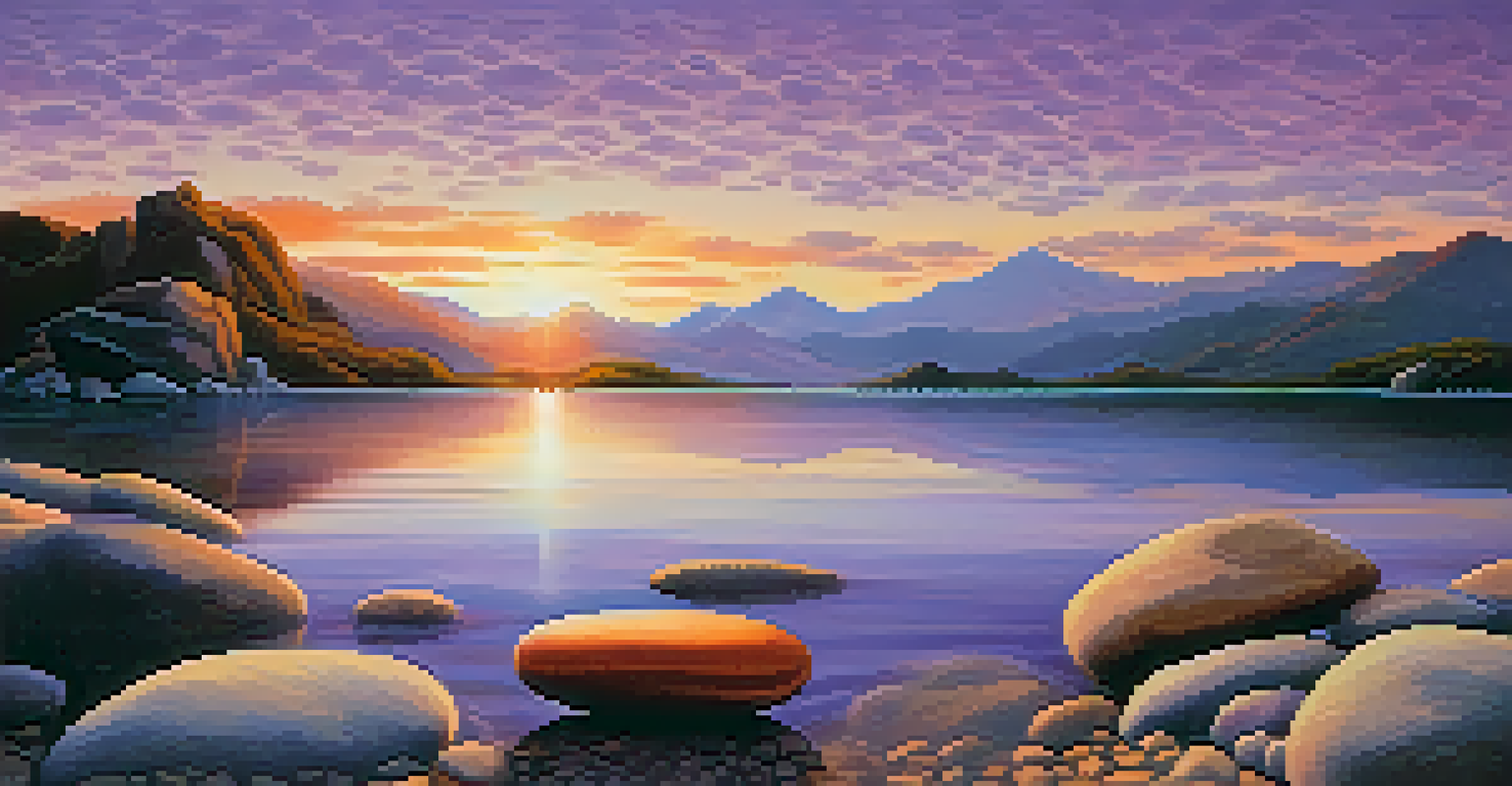 A tranquil lake at sunset with mountains in the background, featuring a stone engraved with 'Be water, my friend'.