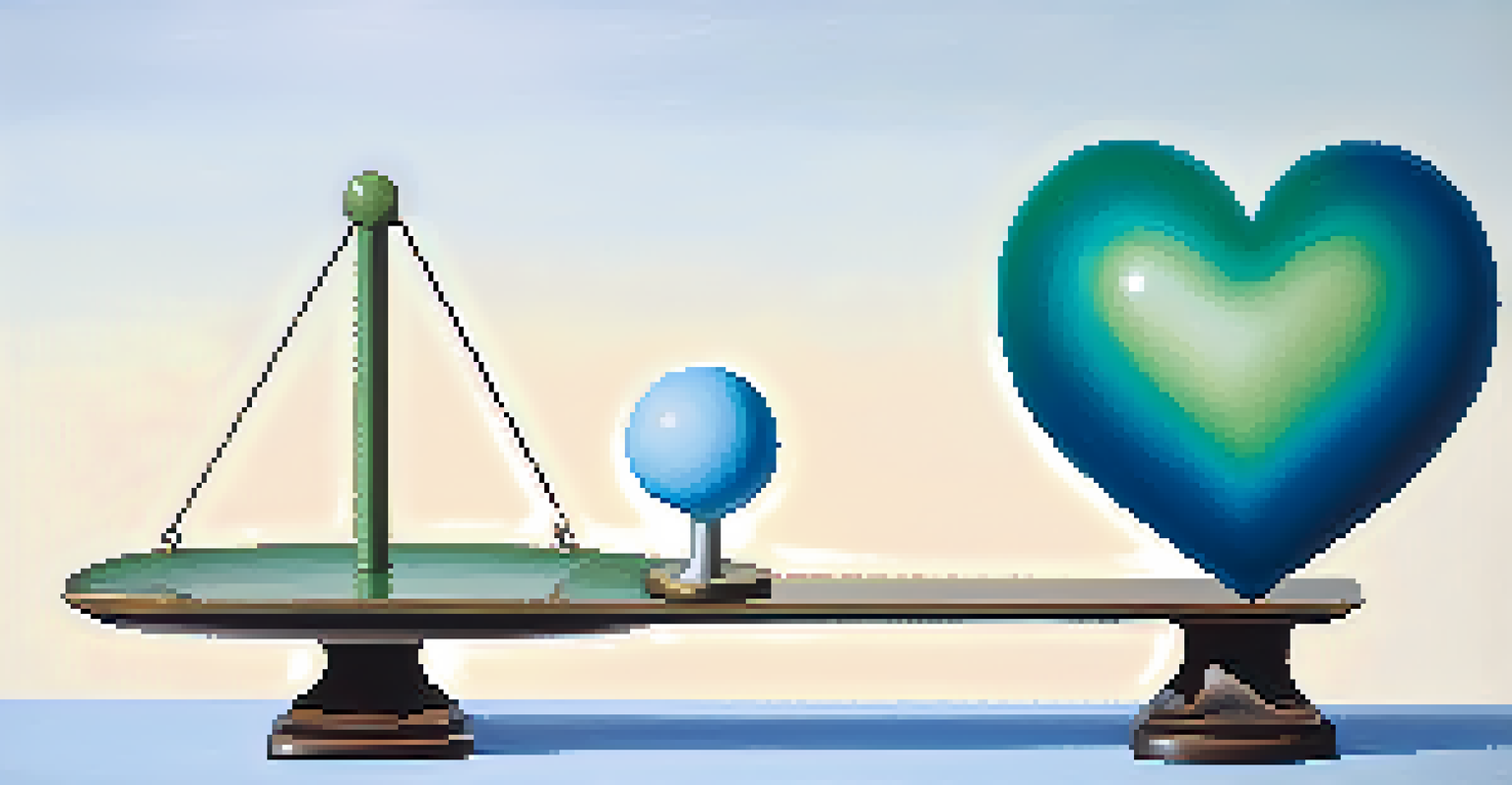 An abstract image of a balanced scale with a heart and brain, set against a calming gradient background.