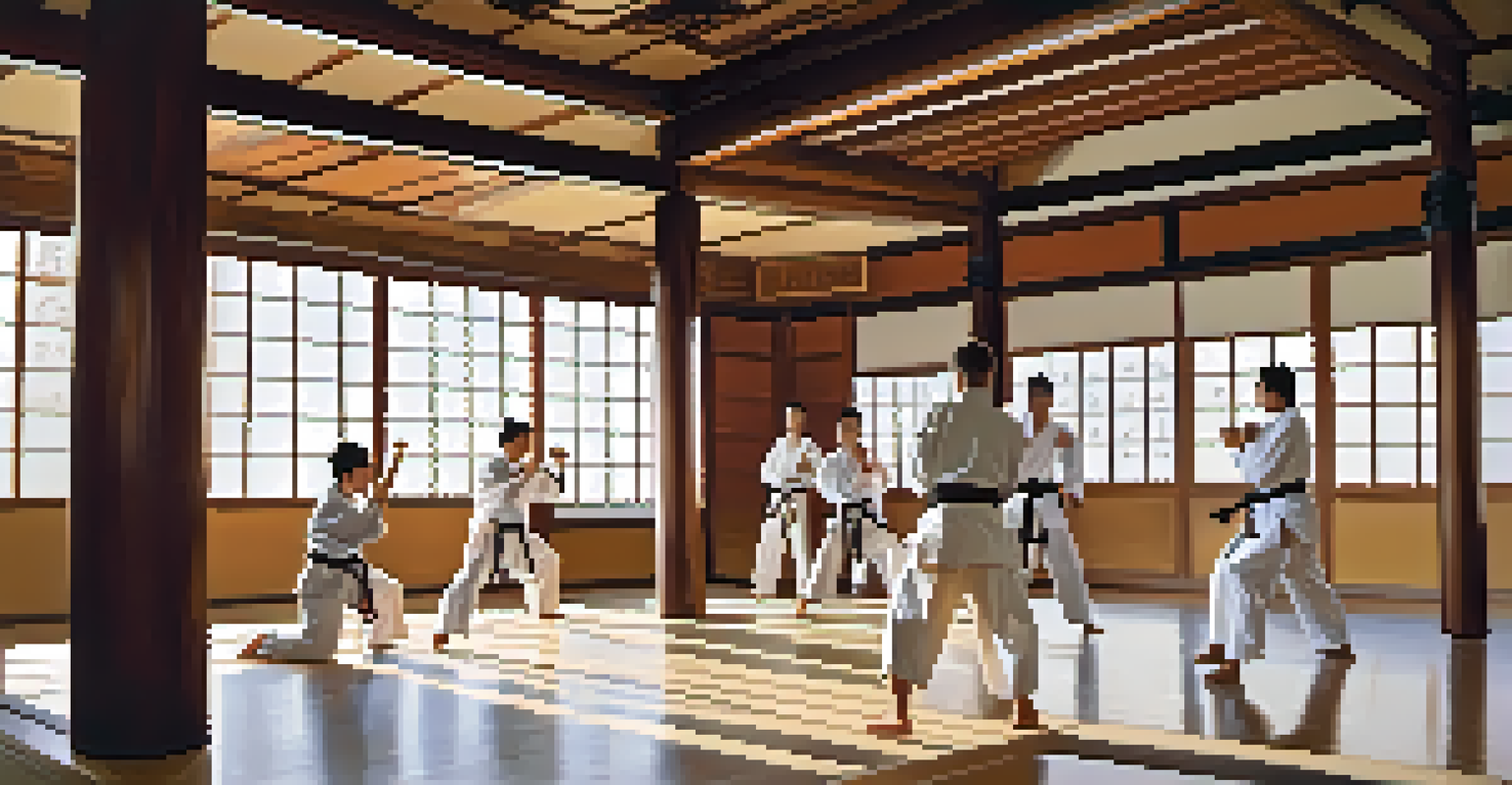 A modern martial arts class with students practicing techniques in a traditional dojo, illuminated by natural light.