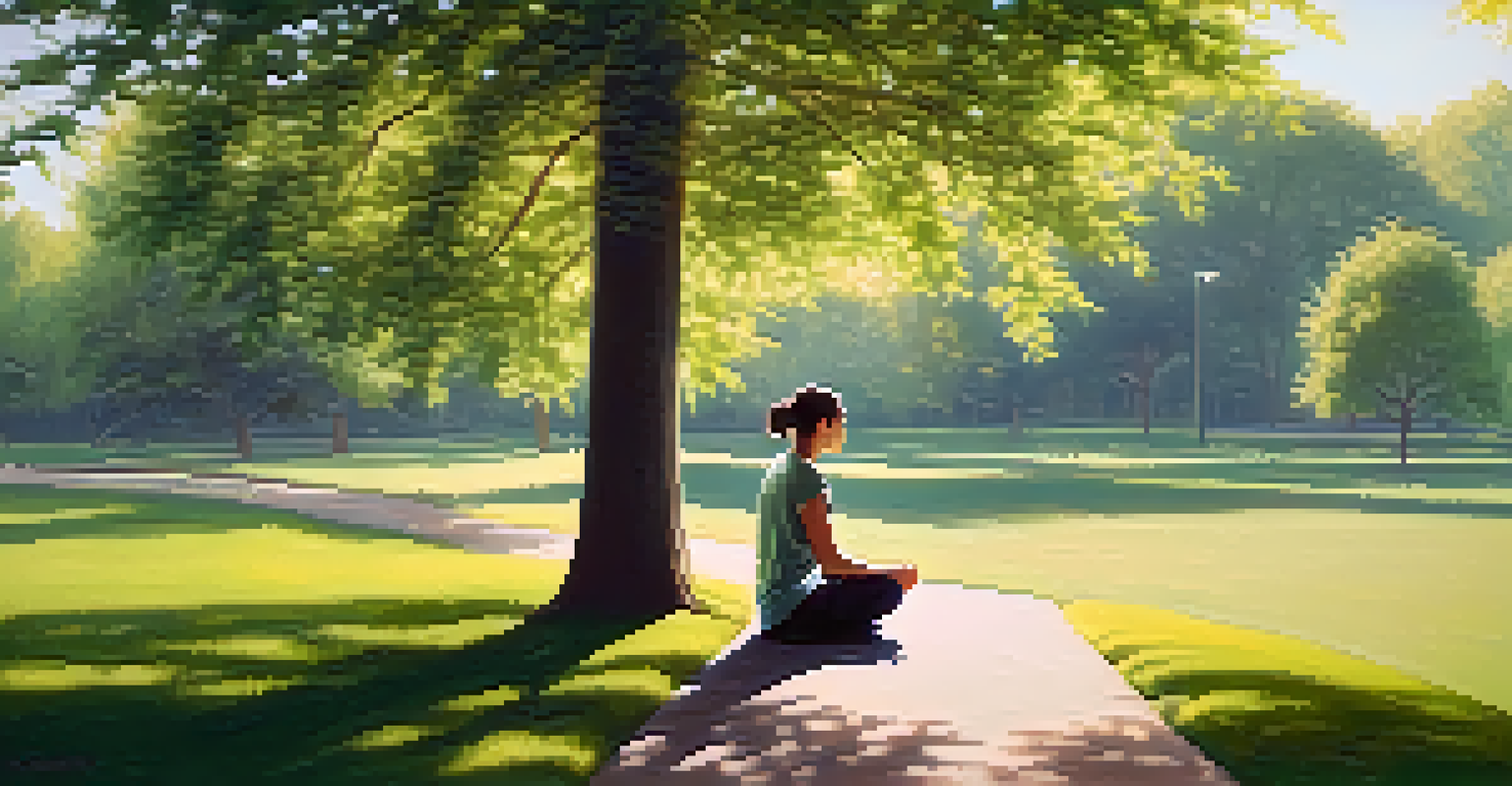 A person practicing mindfulness and situational awareness in a serene park setting, with a focus on their calm demeanor.