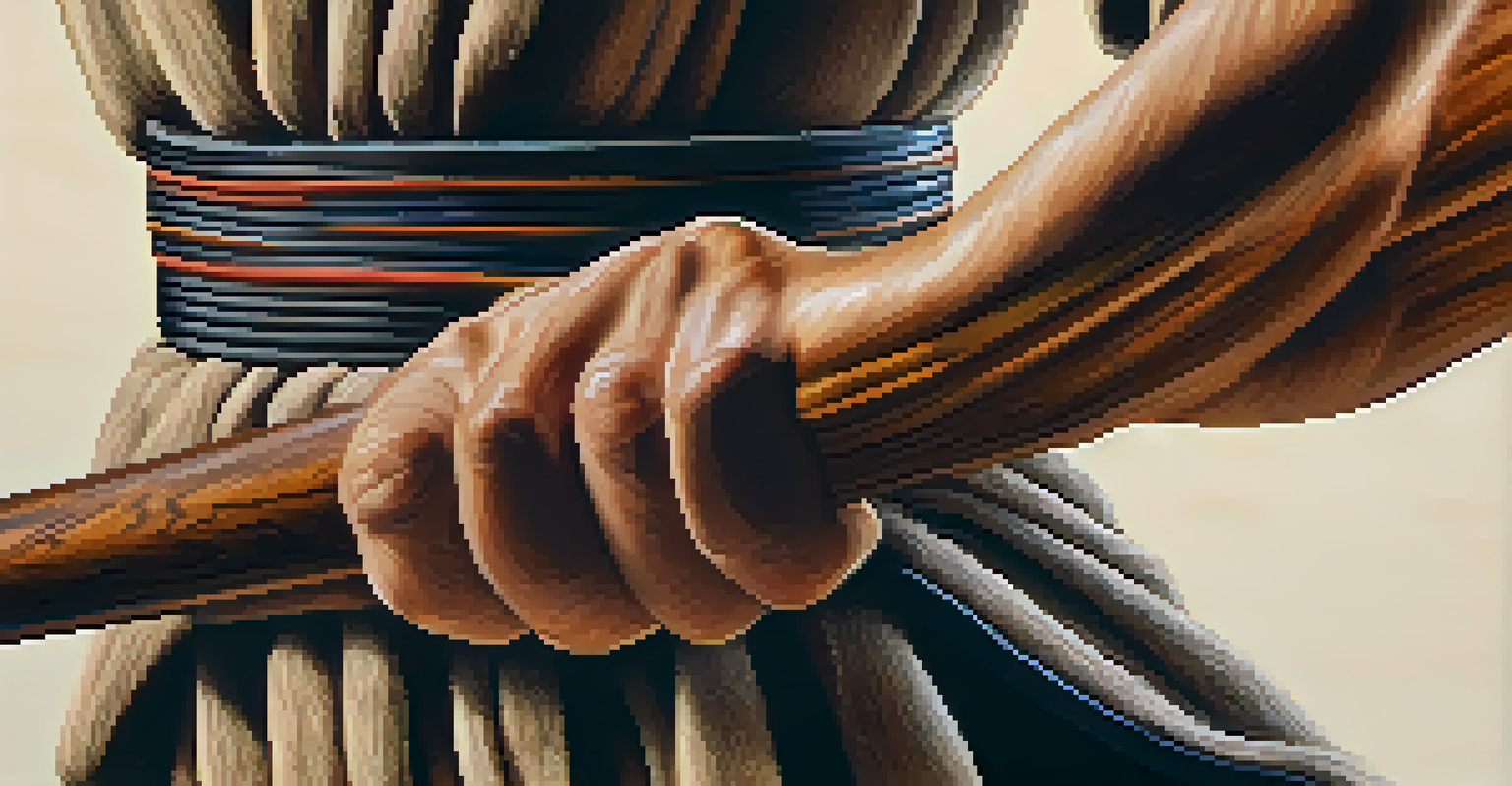 Close-up of a martial artist's hands holding a wooden training weapon.