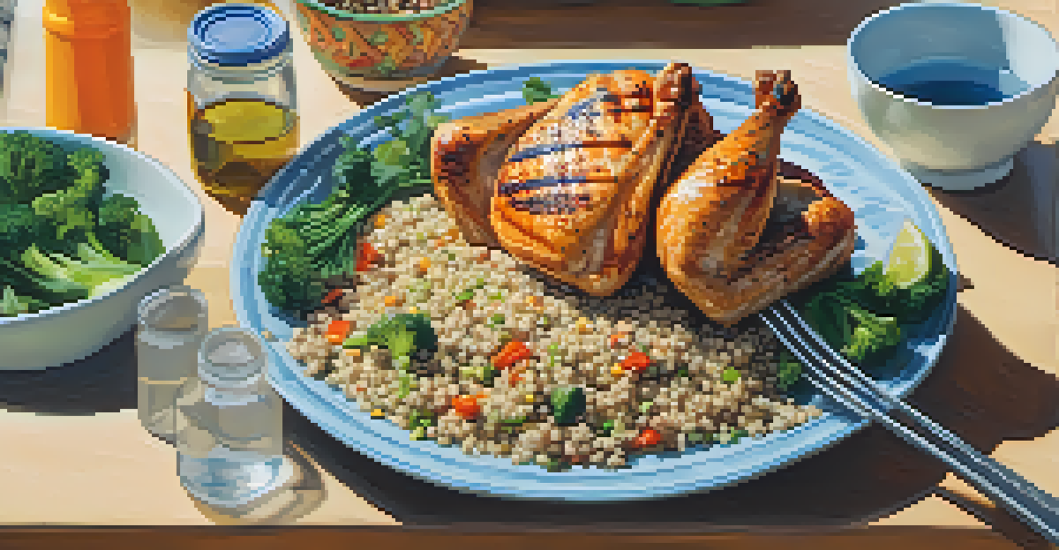 A close-up of a colorful, nutritious meal preparation, featuring grilled chicken, quinoa, and fresh vegetables in a bright kitchen.