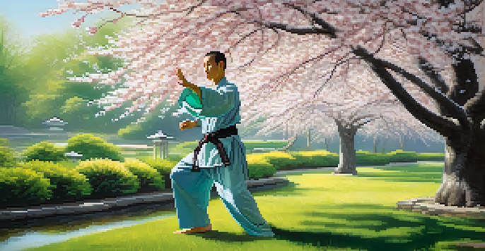 A martial arts practitioner in traditional attire performing Tai Chi in a tranquil garden surrounded by cherry blossom trees and soft morning light.