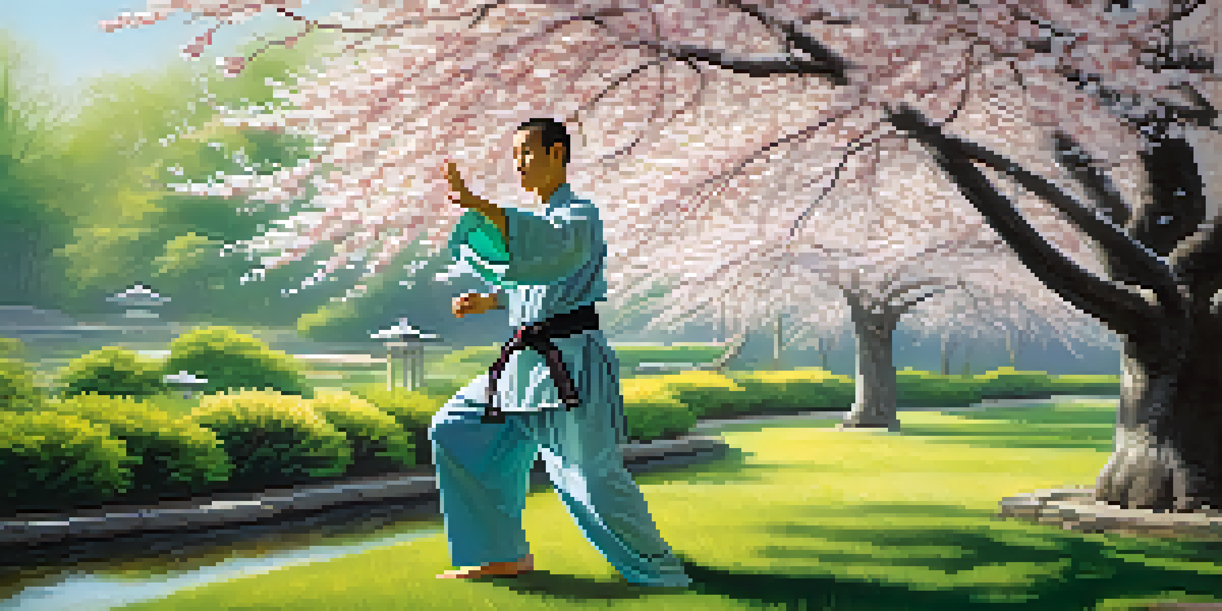 A martial arts practitioner in traditional attire performing Tai Chi in a tranquil garden surrounded by cherry blossom trees and soft morning light.