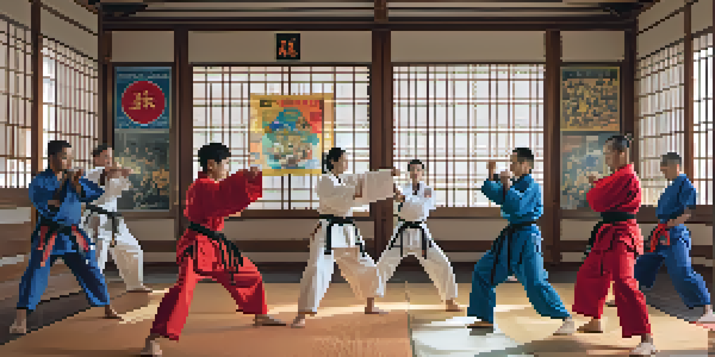A diverse group of martial arts practitioners training together in a bright dojo, emphasizing inclusivity and empowerment.