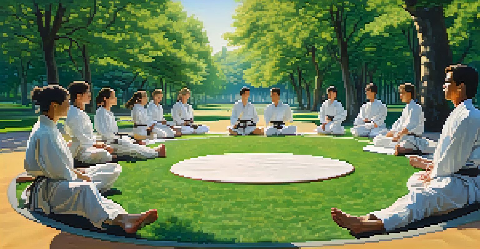 A group of martial artists practicing synchronized breathing techniques in a park, surrounded by greenery and a clear blue sky.