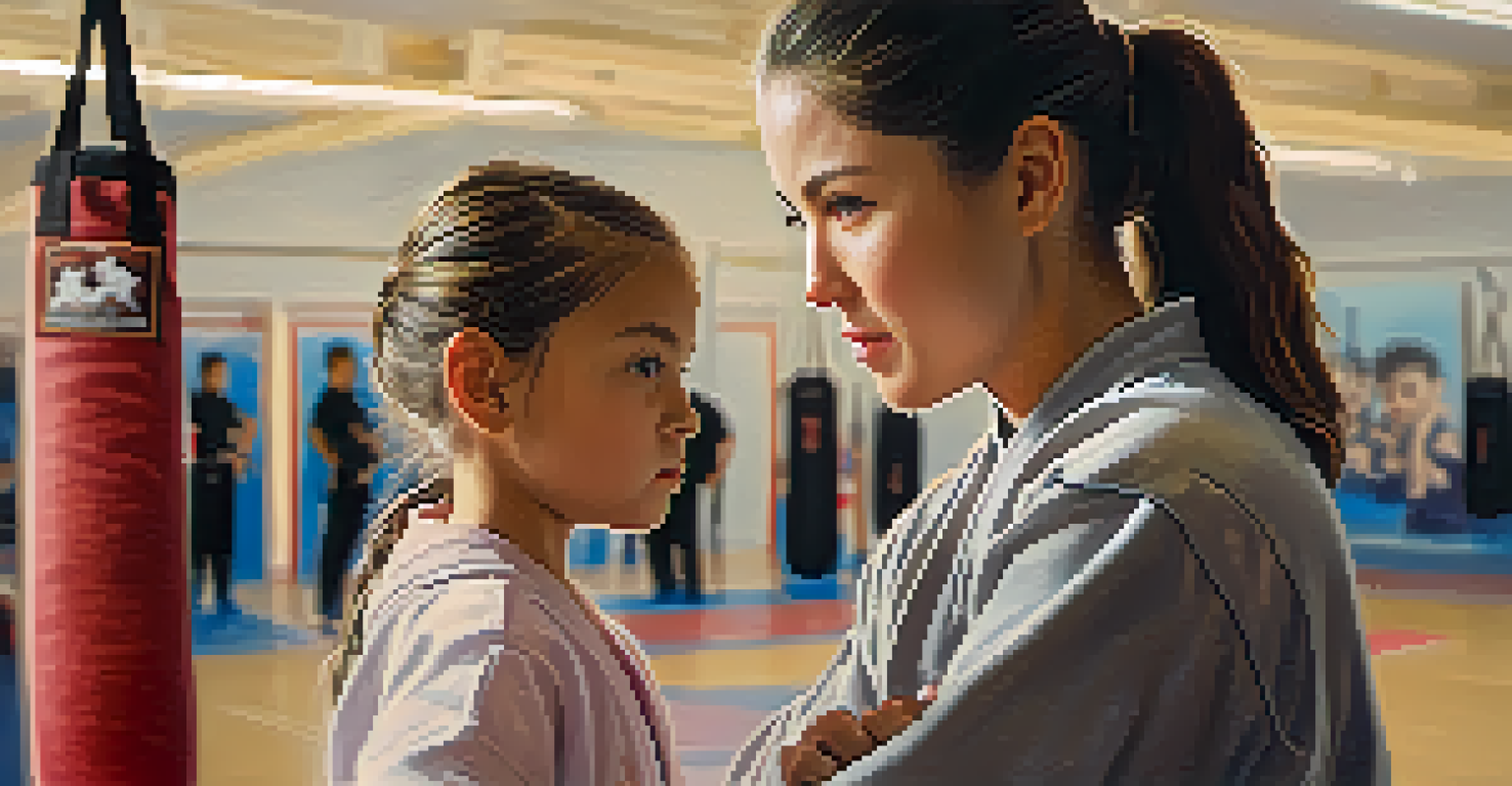 A close-up of a female coach helping a young girl with her martial arts stance, showing their focused expressions and training equipment in the background.