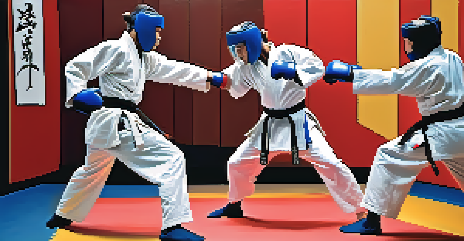 Two martial artists sparring on a training mat, one executing a punch while the other adopts a defensive stance, with an instructor observing.