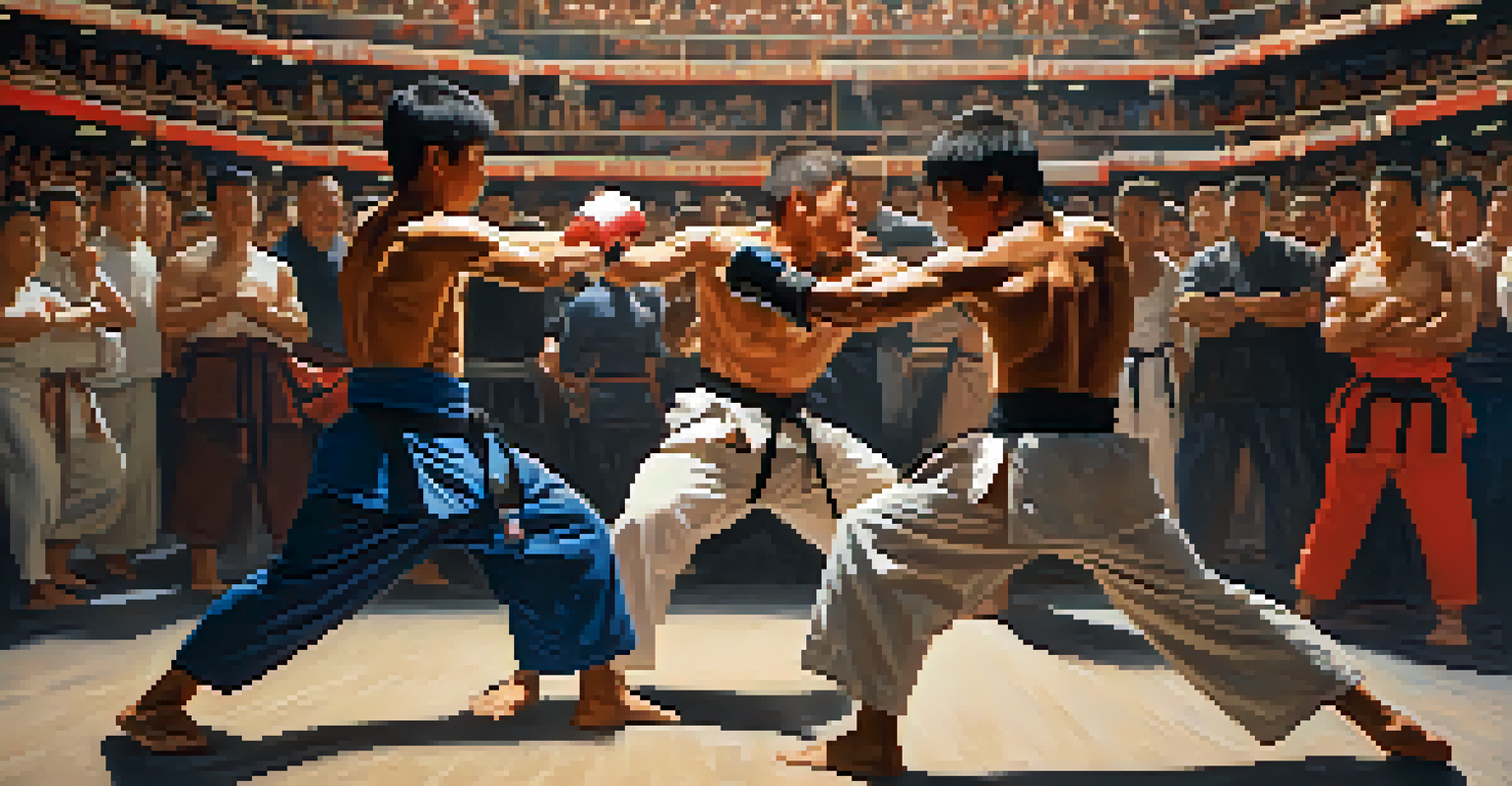 Two martial artists sparring energetically in front of a cheering crowd, with dramatic lighting emphasizing their movements.